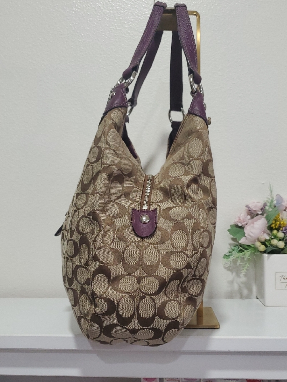 Coach Soho Lynn Signature Hobo Shoulder Bag/Purple Leather Trim💜🤎 - Picture 6 of 16